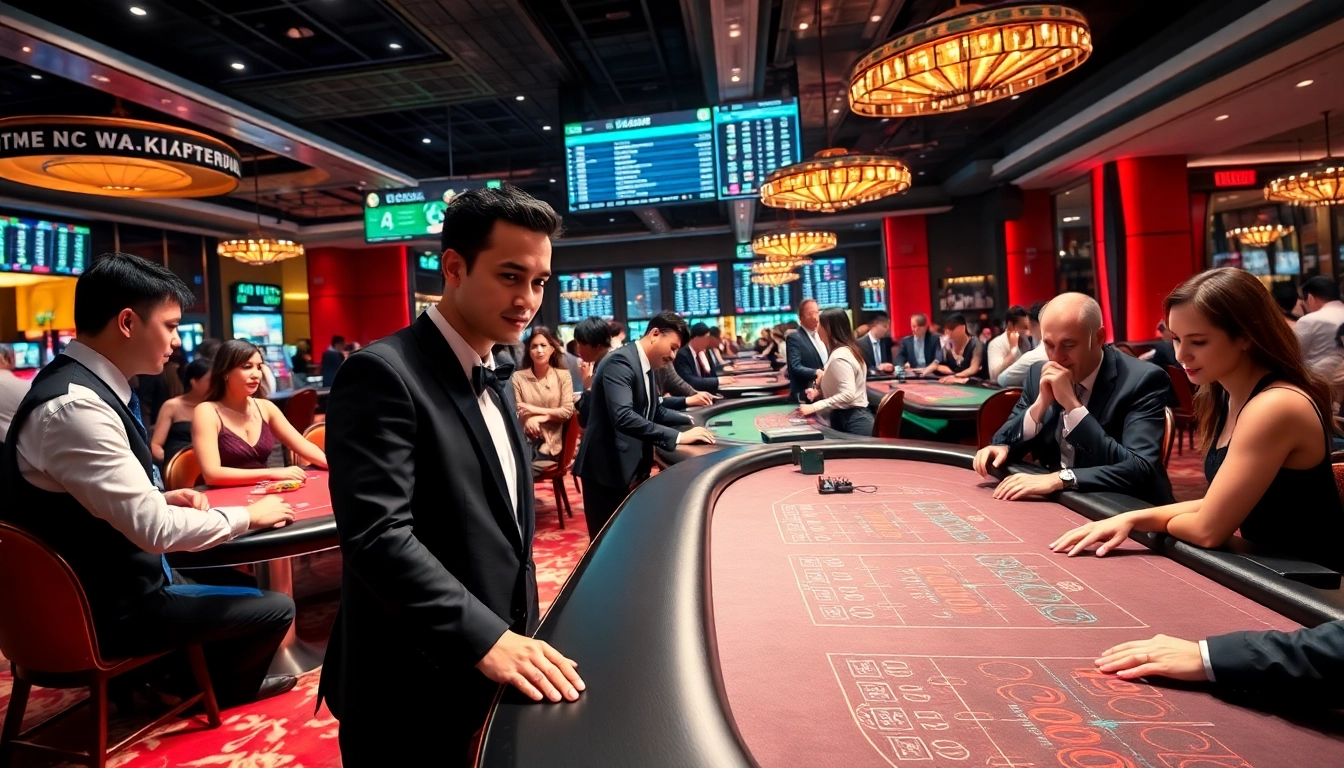 Engaging casino floor scene at W88.nyc showcasing Baccarat and Blackjack tables filled with excited players, embodying a luxurious gaming experience.