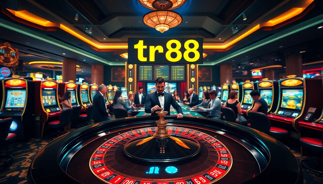 Players enjoy the excitement at TR88 casino with roulette and vibrant slot machines.