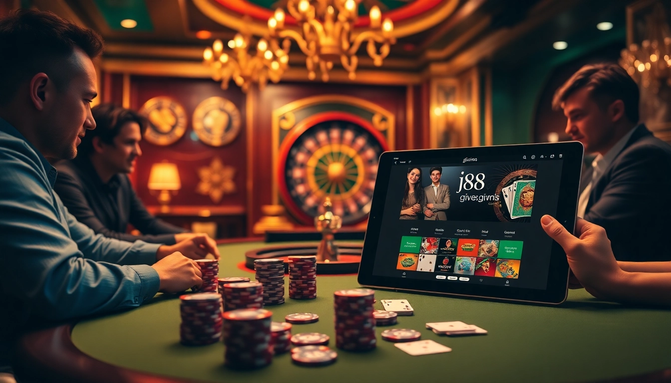 Exciting poker game at j88.gives casino showcasing chips and cards in action.