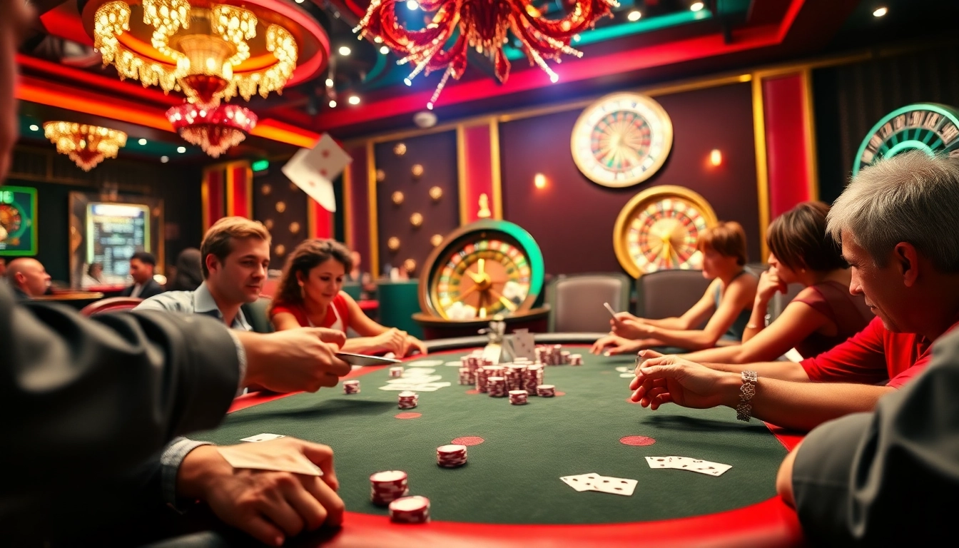 Poker players celebrating wins at a casino table with a professional online gambling homepage displayed.