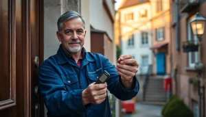 Wiesbaden Schlüsseldienst – Erfahrener Schlüsseldienst-Monteur bei einer Türöffnung, der Professionalität und Zuverlässigkeit im Service zeigt.