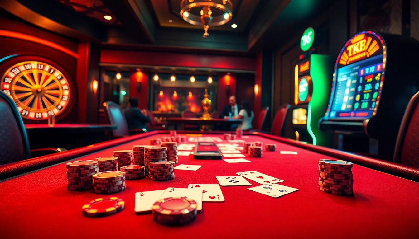 Exciting casino scene showcasing TK 88 poker table action with vibrant atmosphere and professional dealers.