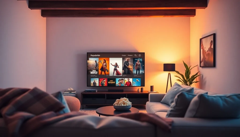 Rebahin streaming experience in a cozy home theater with a modern TV, popcorn, and a relaxing ambiance.