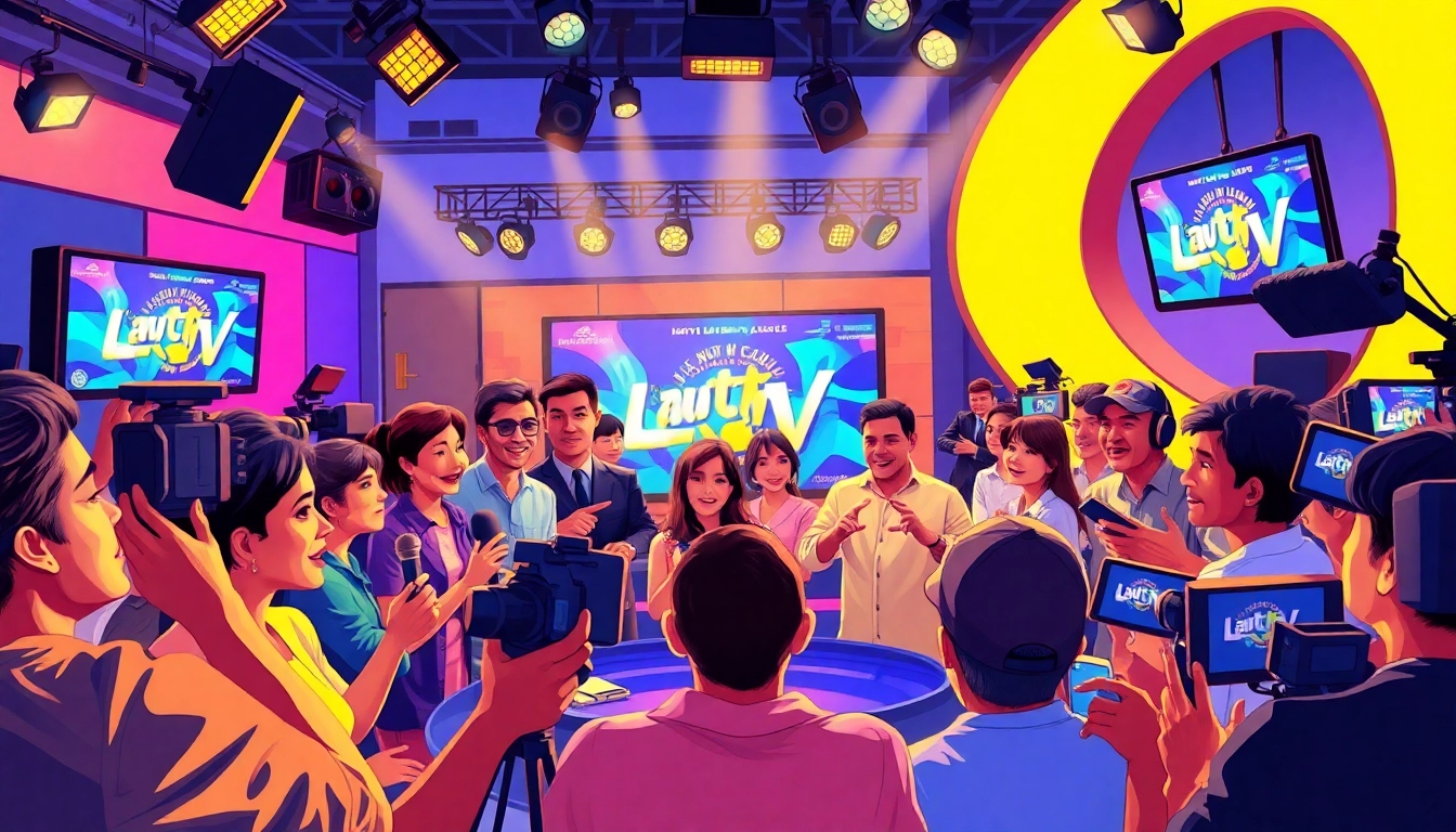 Lauthaitv studio scene with diverse hosts and vibrant lighting