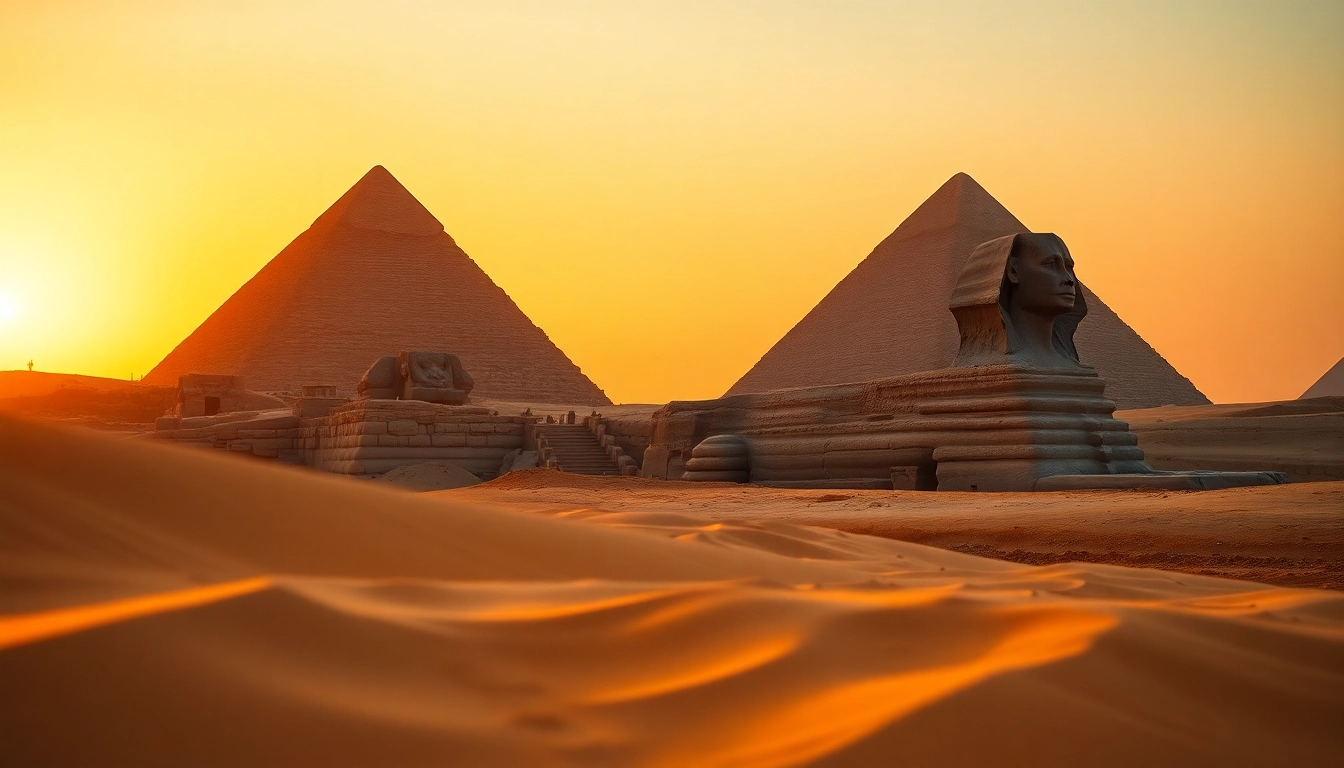 Experience the majestic Pyramids of Giza at sunset near https://piraminds.com/ with breathtaking golden light.