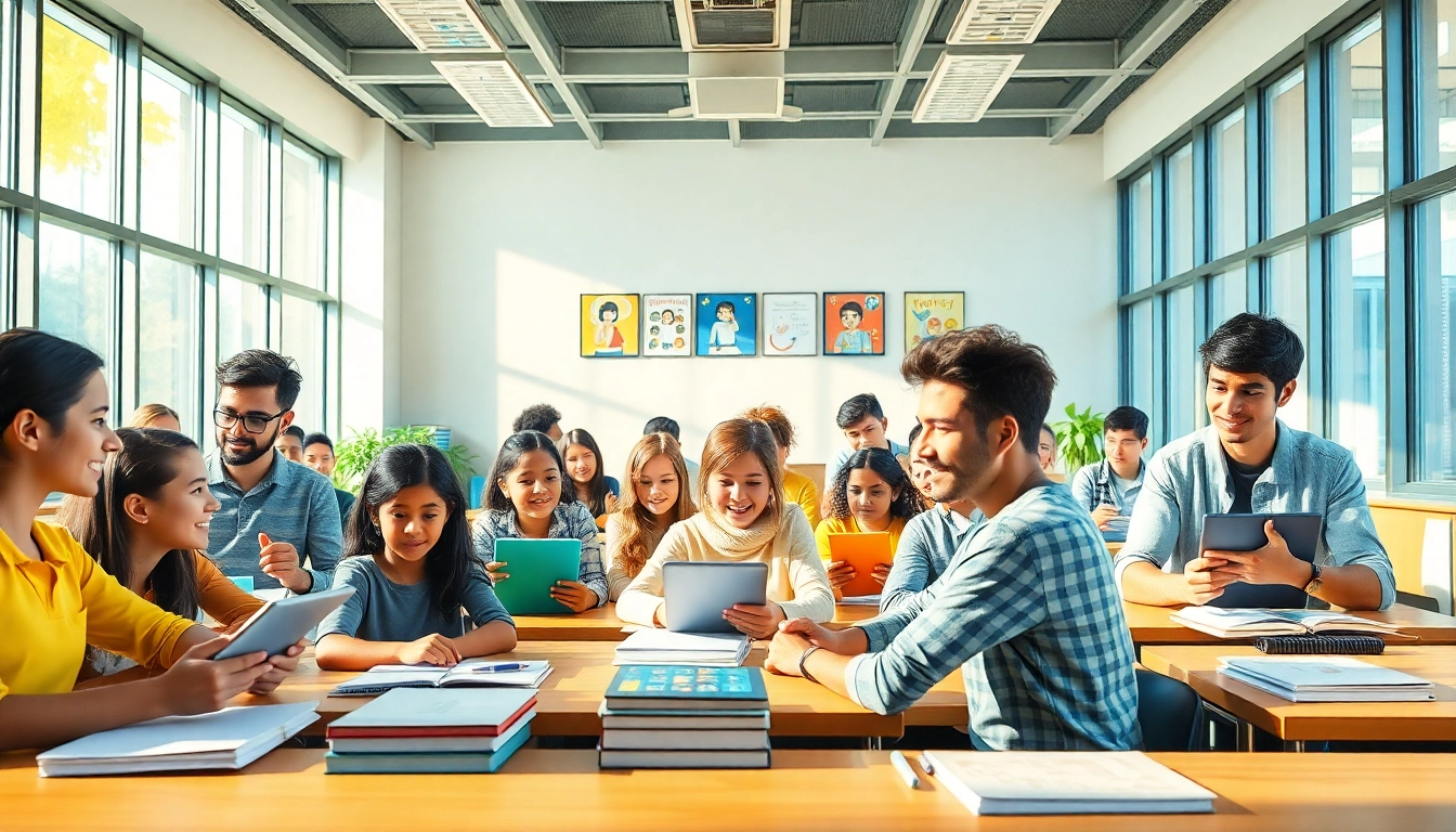 Dynamic classroom scene showcasing education, collaboration, and innovation among diverse students.