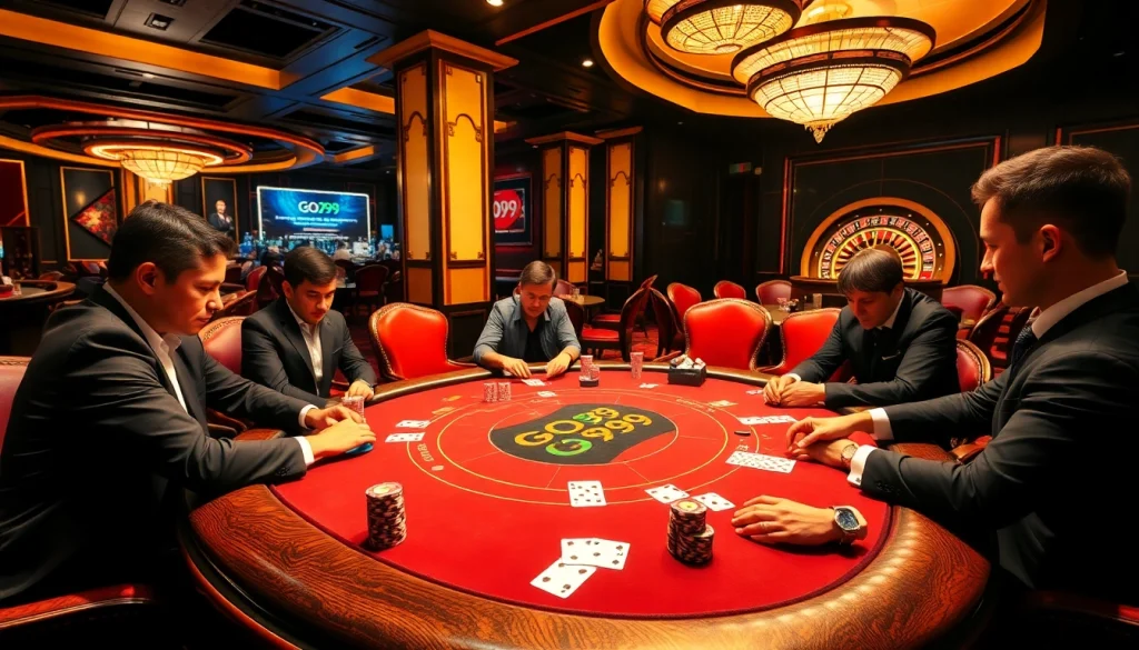 Experience the thrill of a high-stakes poker game with GO99 branding and vibrant casino elements.