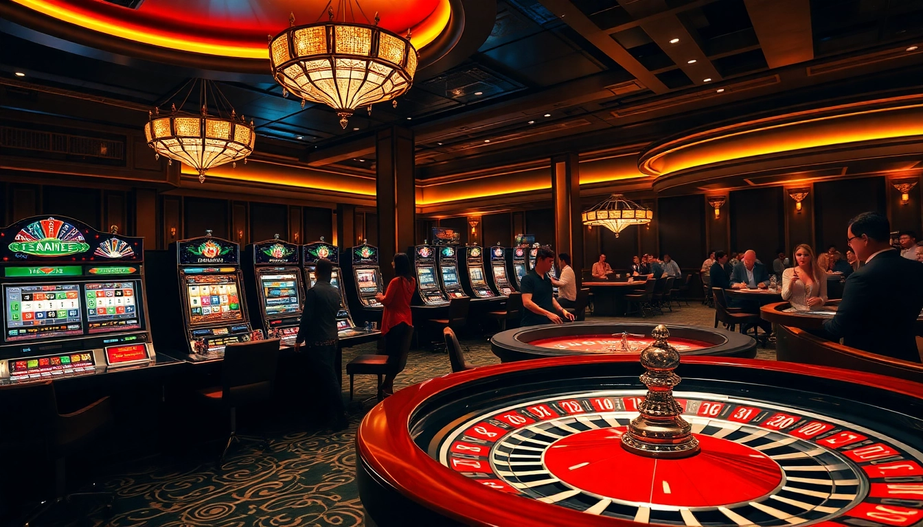 Players engage with lively casino games at Man88, showcasing vibrant slots and poker tables.
