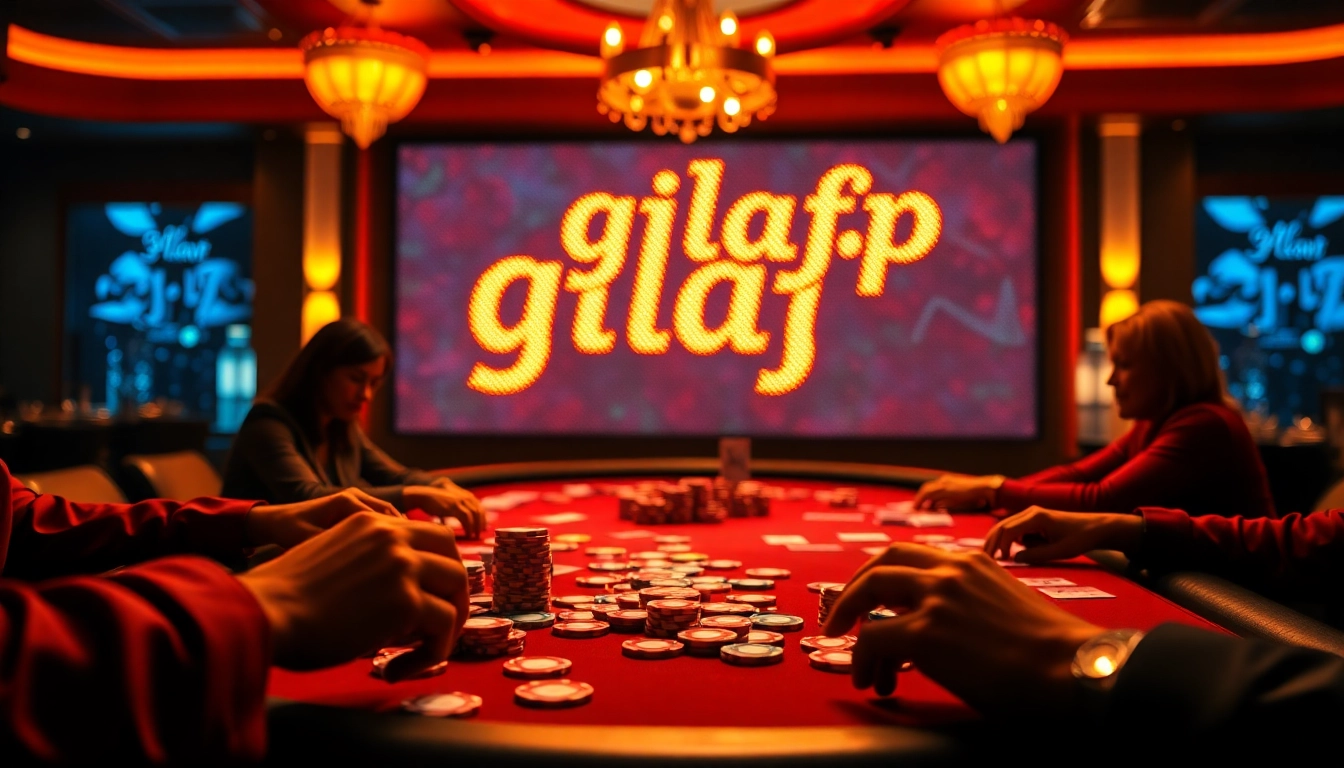 Players enjoying a high-stakes poker game at a glamorous casino table with gilajp branding.