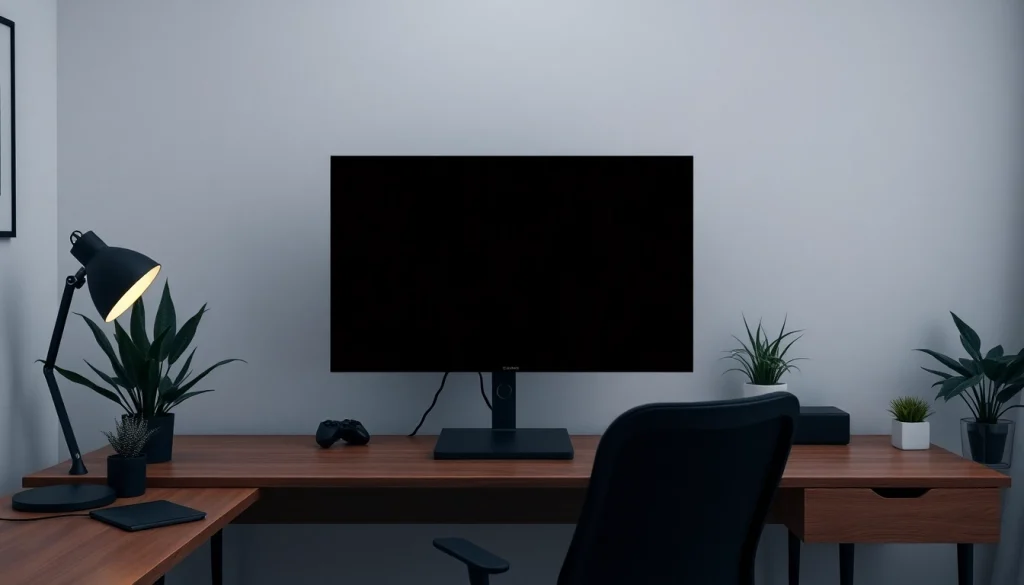 Schermo nero displayed on a modern workspace computer, enhancing focus and minimalism in a calming atmosphere.
