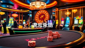 Register to play and win big at a luxurious casino with poker tables and slot machines.