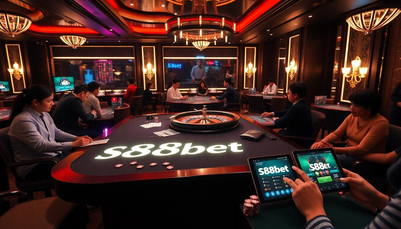 Players enjoying poker at an s88bet branded casino table with vibrant gaming atmosphere.