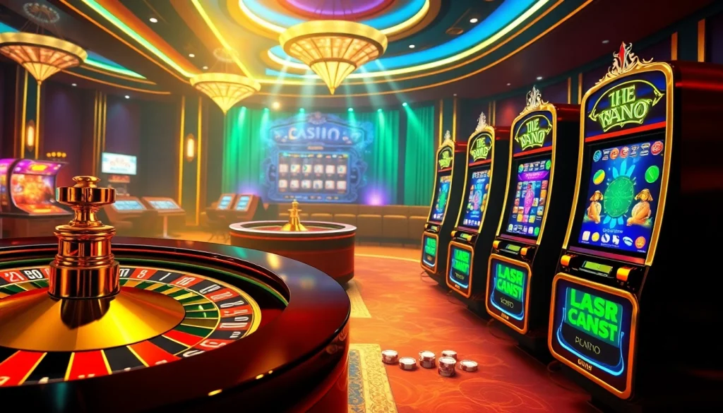 A vibrant online gambling scene with luxurious elements showcasing nhà cái tobet88, including roulette and poker chips.