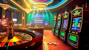 A vibrant online gambling scene with luxurious elements showcasing nhà cái tobet88, including roulette and poker chips.