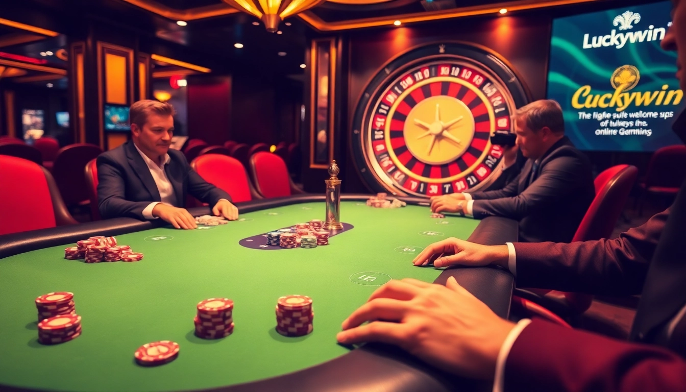 Experience thrilling moments at Luckywin casino tables with vibrant poker chips and roulette wheels.