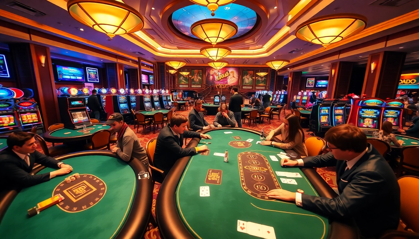 Engaging gamblers enjoying SODO-themed casino games with vibrant slot machines and tables.