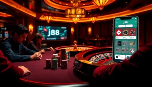 Experience thrilling j88 gameplay at a luxurious casino table with chips and cards.