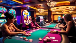 Excited players at a luxury casino showcasing 789P poker tables and slot machines.
