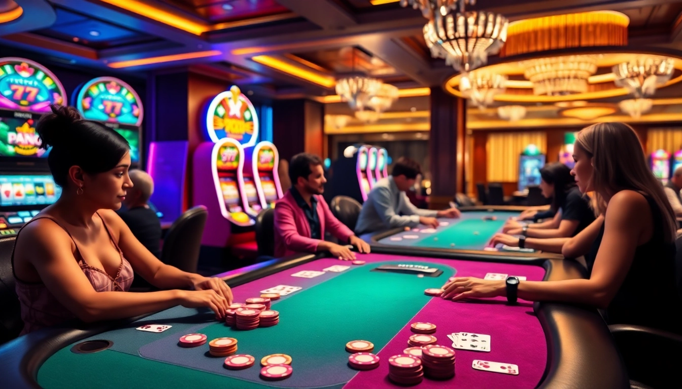 Excited players at a luxury casino showcasing 789P poker tables and slot machines.