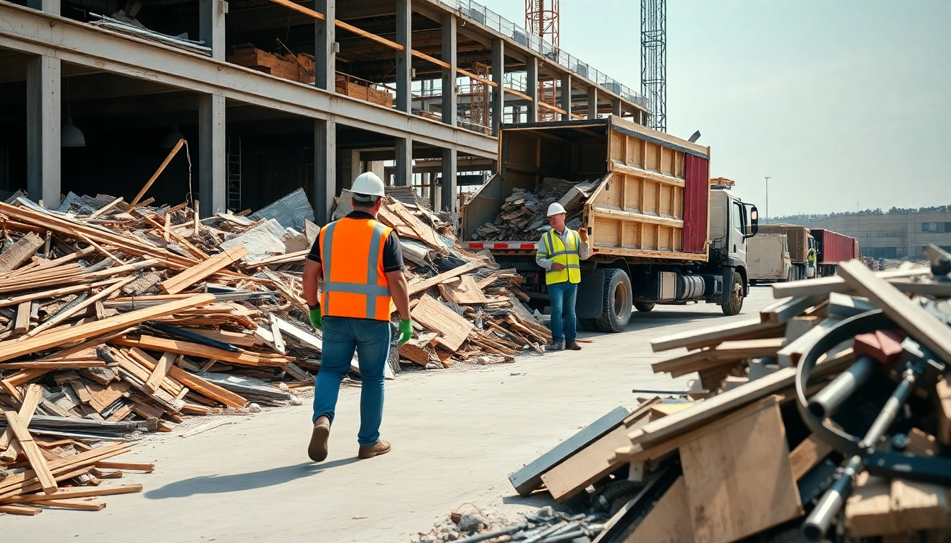Efficient construction debris removal at a busy site, showcasing organized cleanouts.