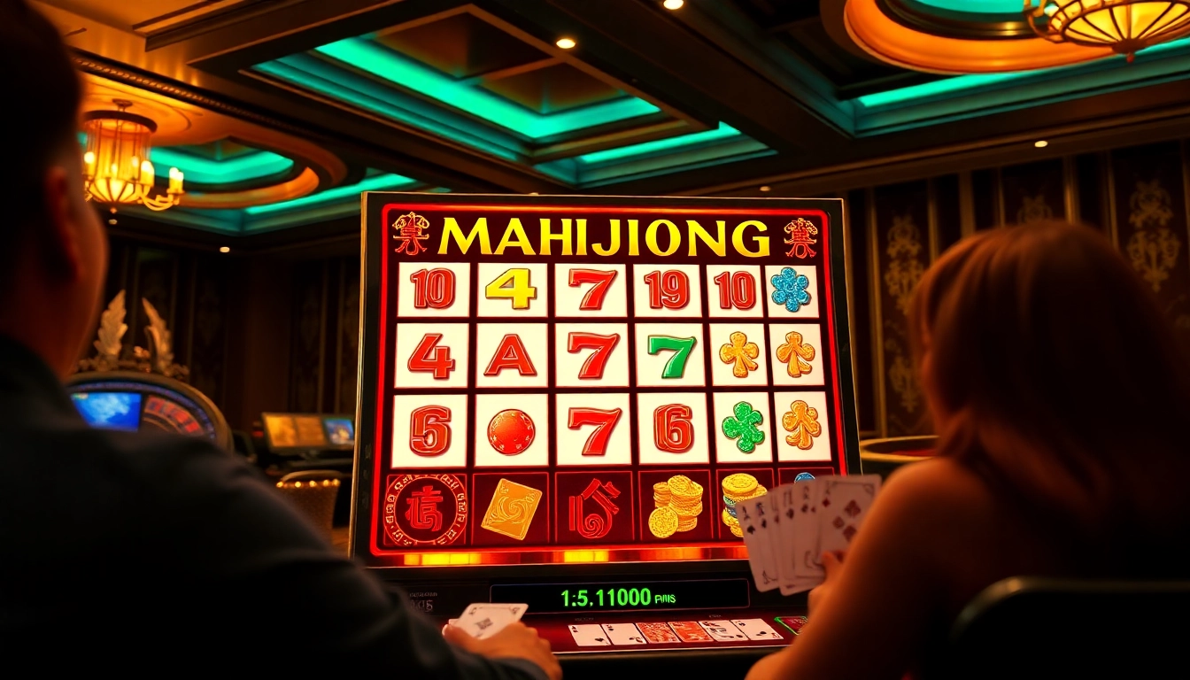 Engage with Mahjong slot demo gameplay at a vibrant casino featuring colorful slot reels and poker chips.