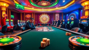 Players enjoying a thrilling moment at a luxurious 7upbet casino table, showcasing high-stakes poker excitement.