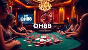 Engaged players at the QH88 casino table with vibrant poker chips and a spinning roulette wheel.