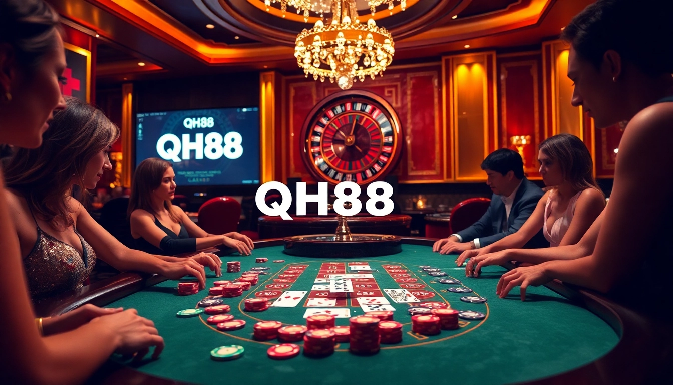 Engaged players at the QH88 casino table with vibrant poker chips and a spinning roulette wheel.