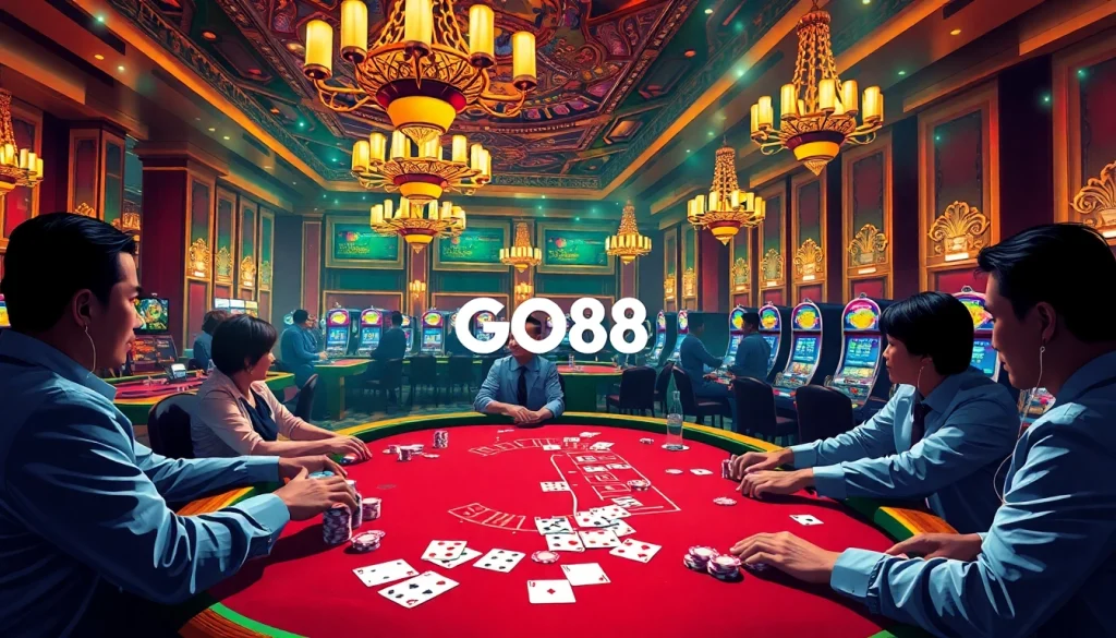 Experience the thrill of gambling at GO88 with lively poker tables and vibrant slot machines.