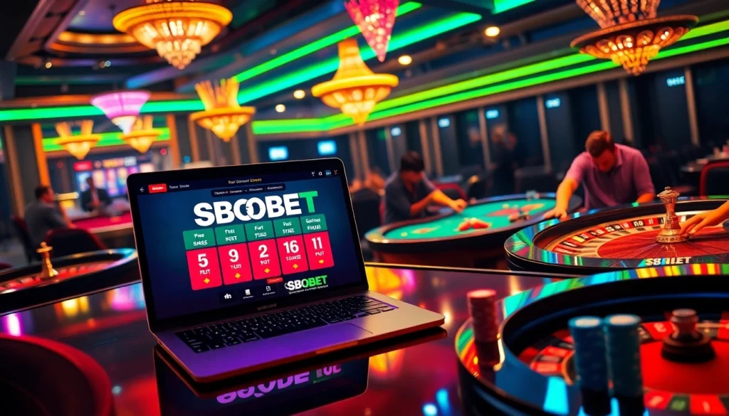 Sbobet interface displayed on a laptop in a lively casino setting with dynamic lighting.