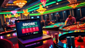 Sbobet interface displayed on a laptop in a lively casino setting with dynamic lighting.
