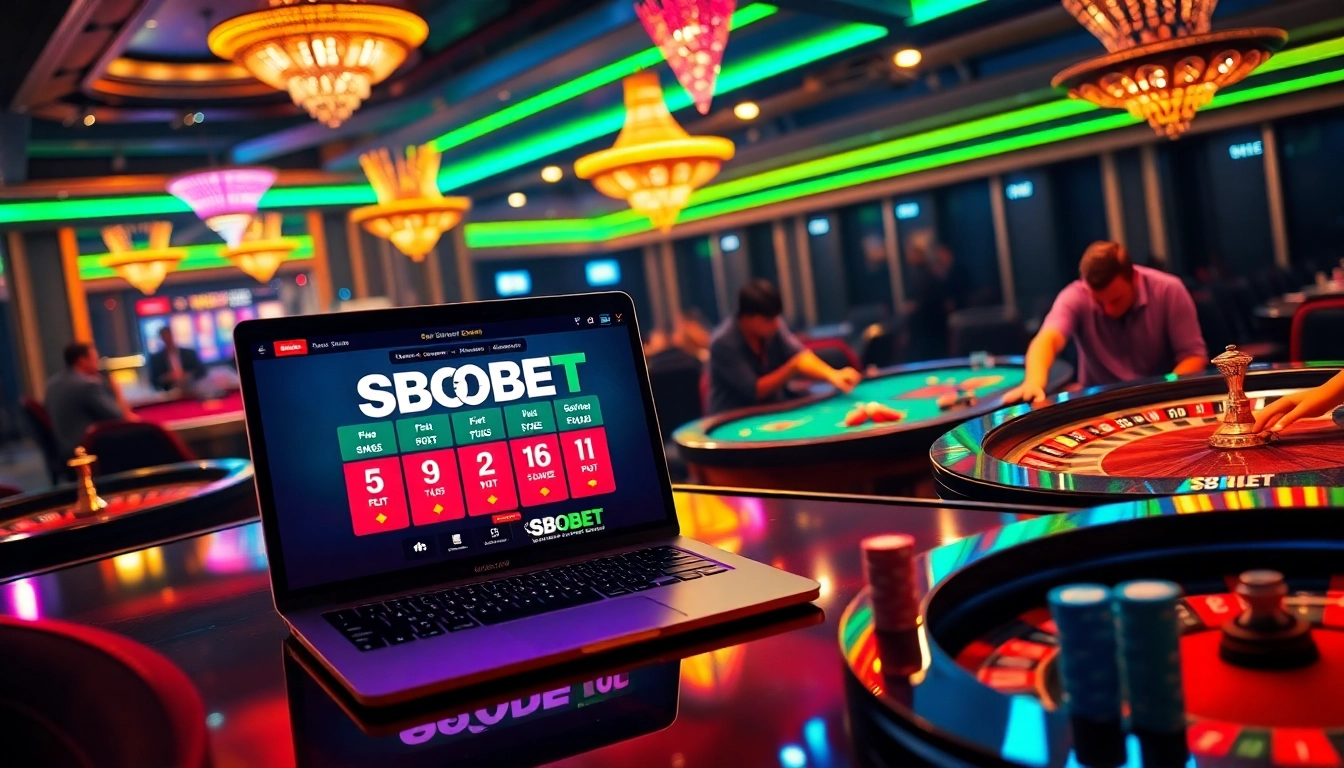 Sbobet interface displayed on a laptop in a lively casino setting with dynamic lighting.