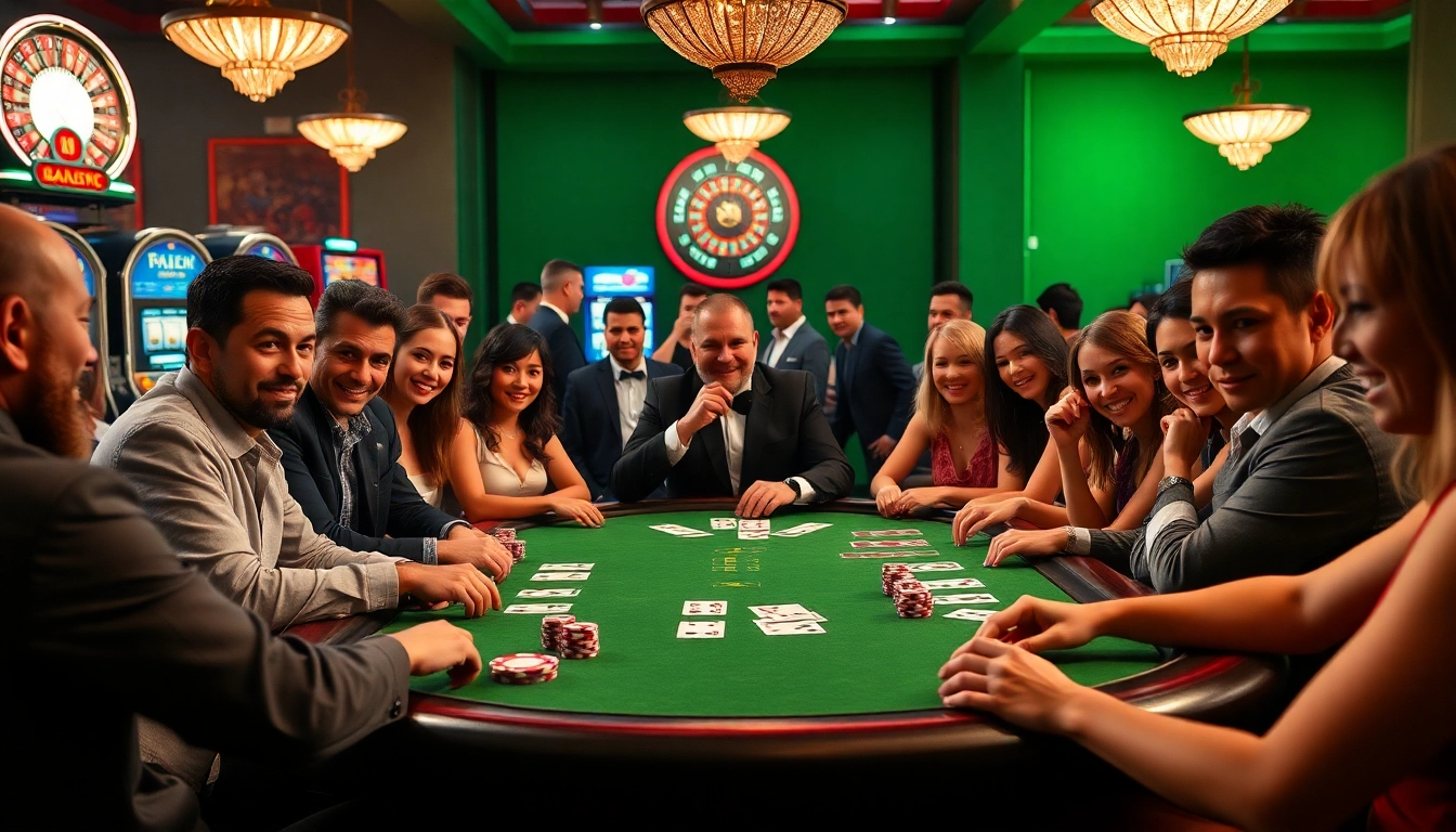 Engaging gamblers at a BDJL poker table filled with chips and cards in a vibrant casino.