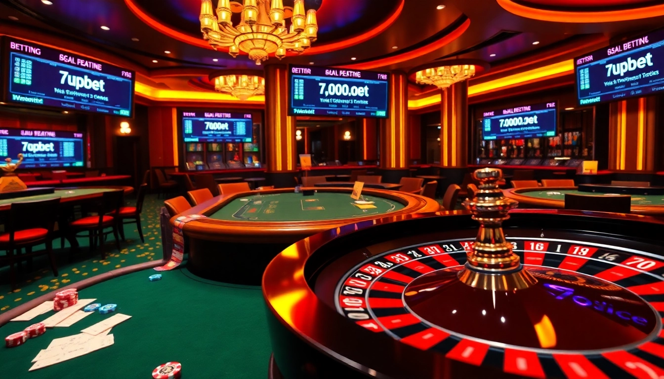 Experience the thrill of high-stakes gambling at 7upbet with vibrant casino tables and gaming elements.