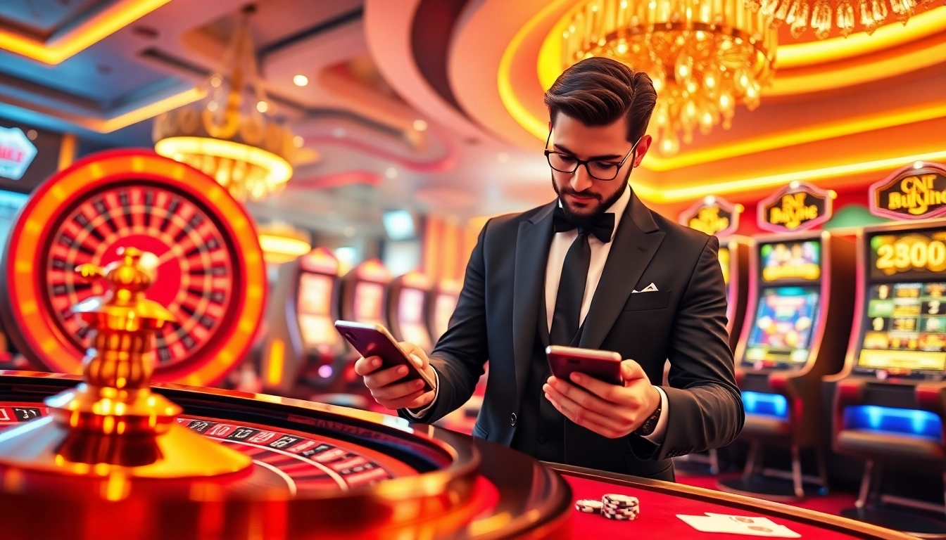 Gamblers engaging with Nhà cái S8's online platform, featuring roulette and slot machines.
