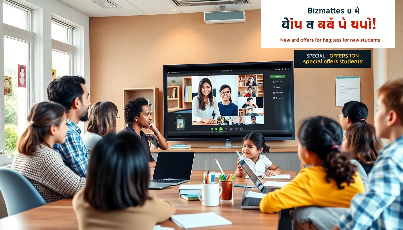 居心地の良い教室で、さまざまな学習者がビズメイツ キャンペーン 料金の恩恵を受けるオンライン英語レッスンの場面。