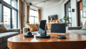 MMOO stylish gadgets displayed in a cozy urban living room, highlighting design and innovation.
