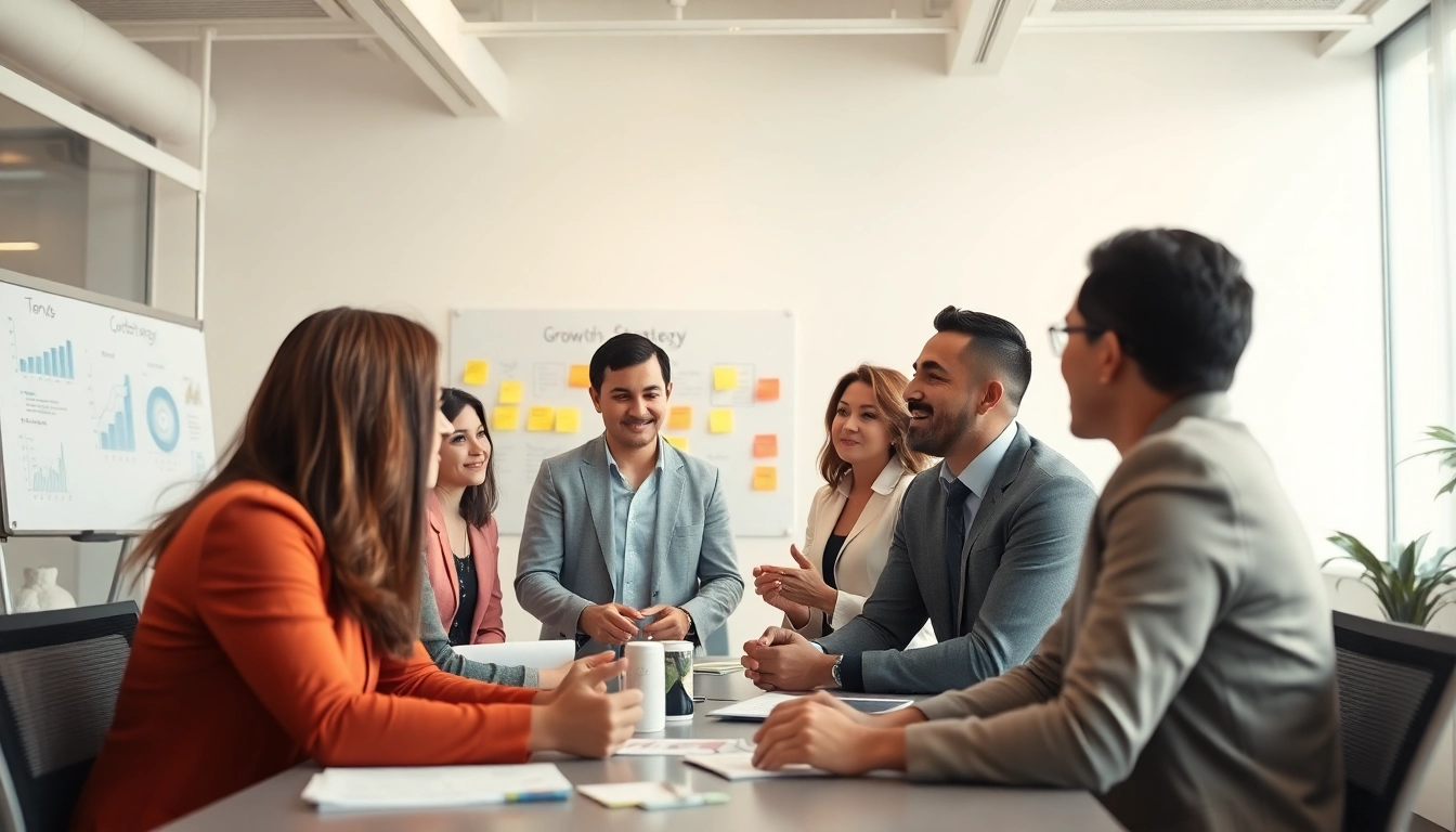 Discussing growth strategy trends in a modern office environment with teamwork and ideas.