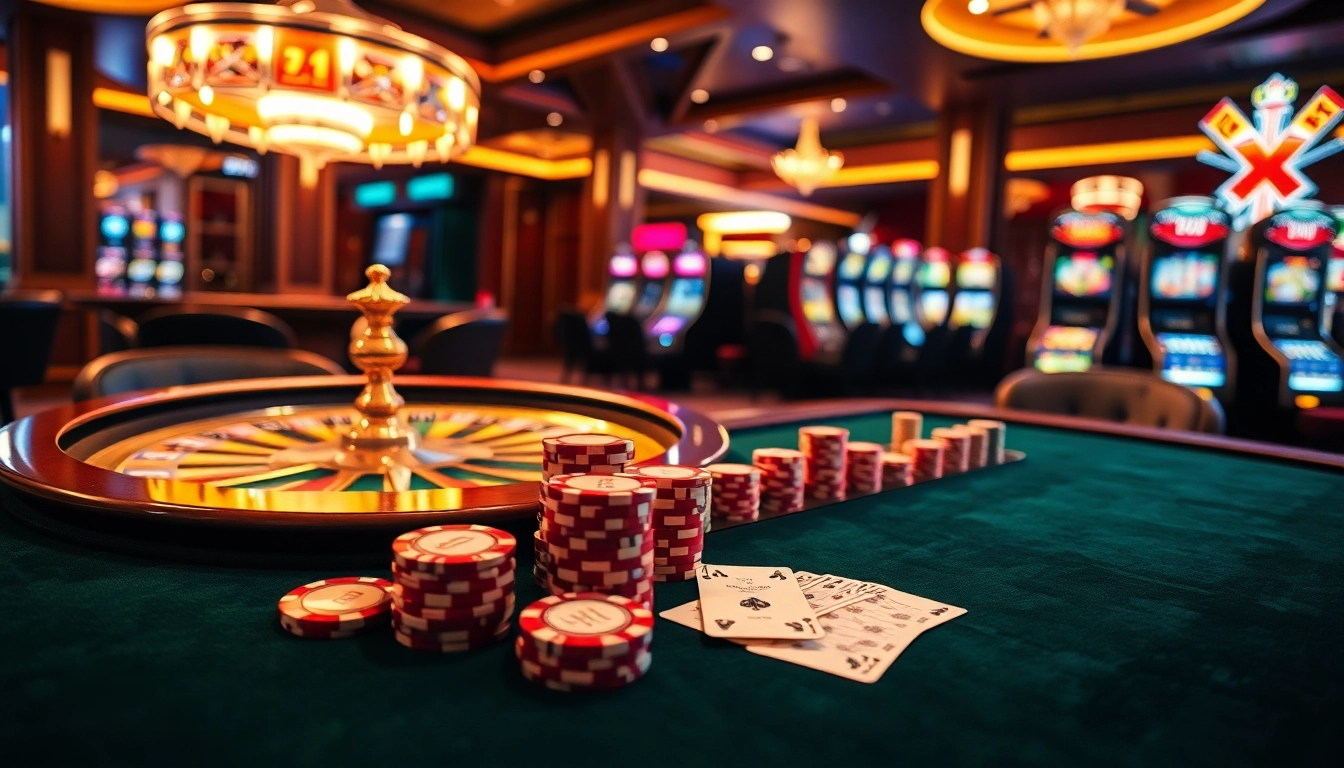 Engaging gamblers at a luxurious casino scene featuring MMOO-themed poker chips and a roulette wheel.