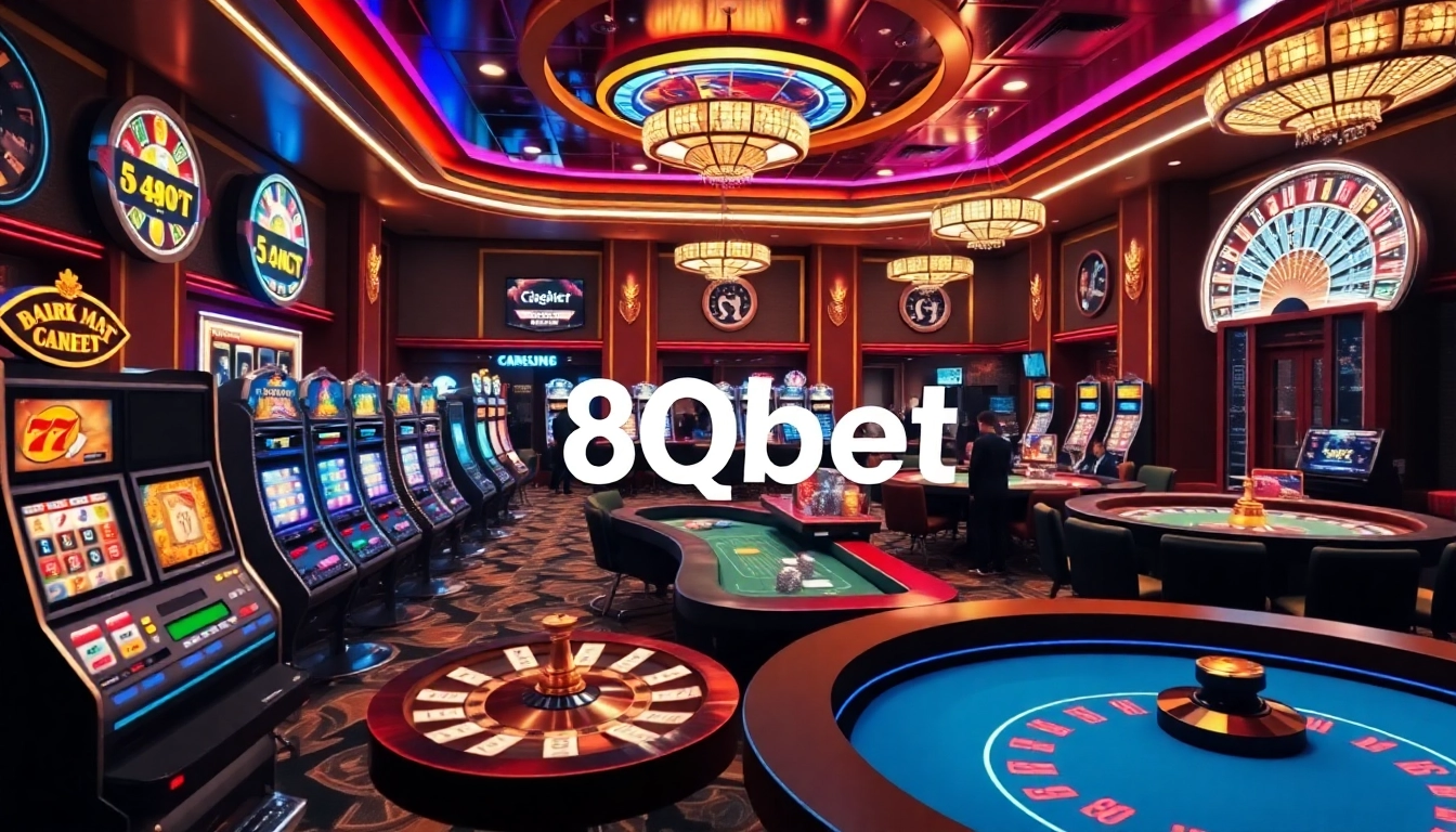 Experience thrilling gameplay at 8qbet, showcasing vibrant casino tables and slot machines.
