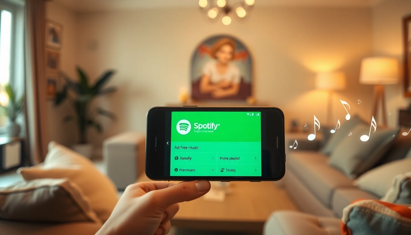 Smartphone showcasing a Spotify mod with ad-free features in a cozy living room setting.