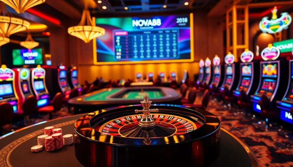 Experience thrilling online gambling with NOVA88's vibrant roulette table and exciting casino visuals.