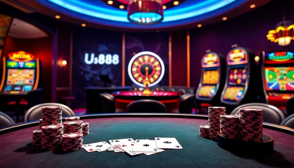 Engaging casino action at u888 with poker chips, cards, and roulette wheel.