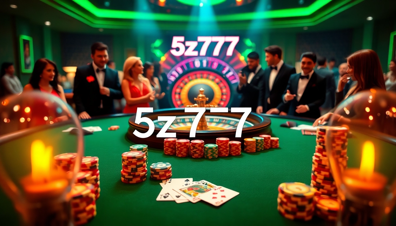 Experience the thrill of 5z777 at a vibrant casino with poker tables, chips, and roulette wheels.