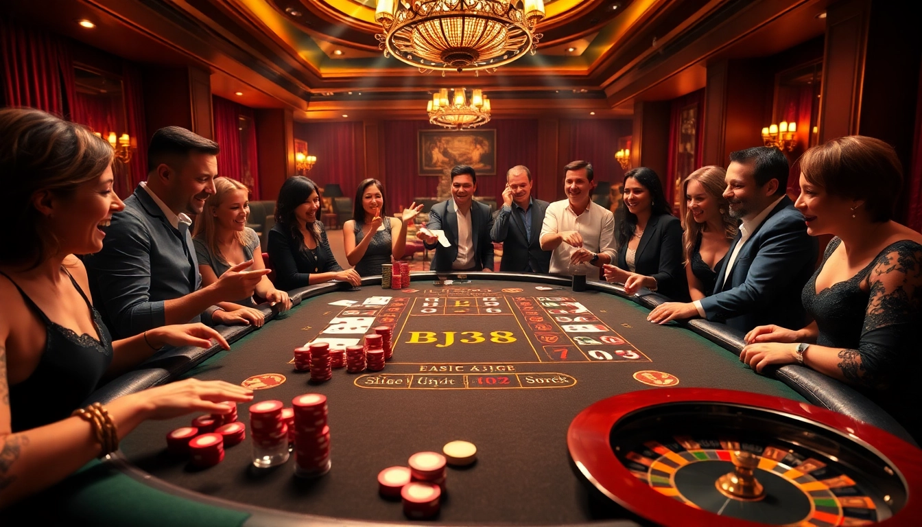 Excited players engaging in a BJ38-themed game at a luxurious casino table.