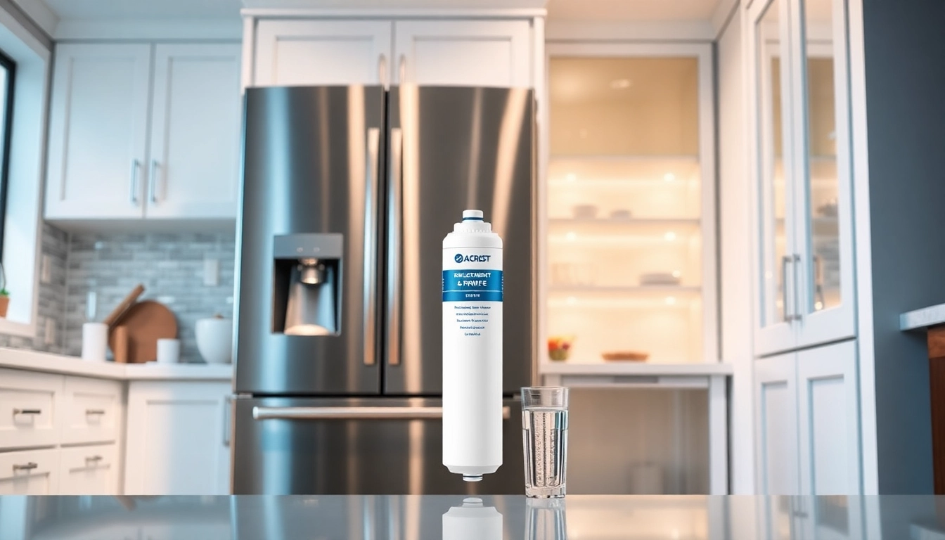 AQUA CREST Replacement for GE® RPWFE water filter showcased in a modern kitchen.