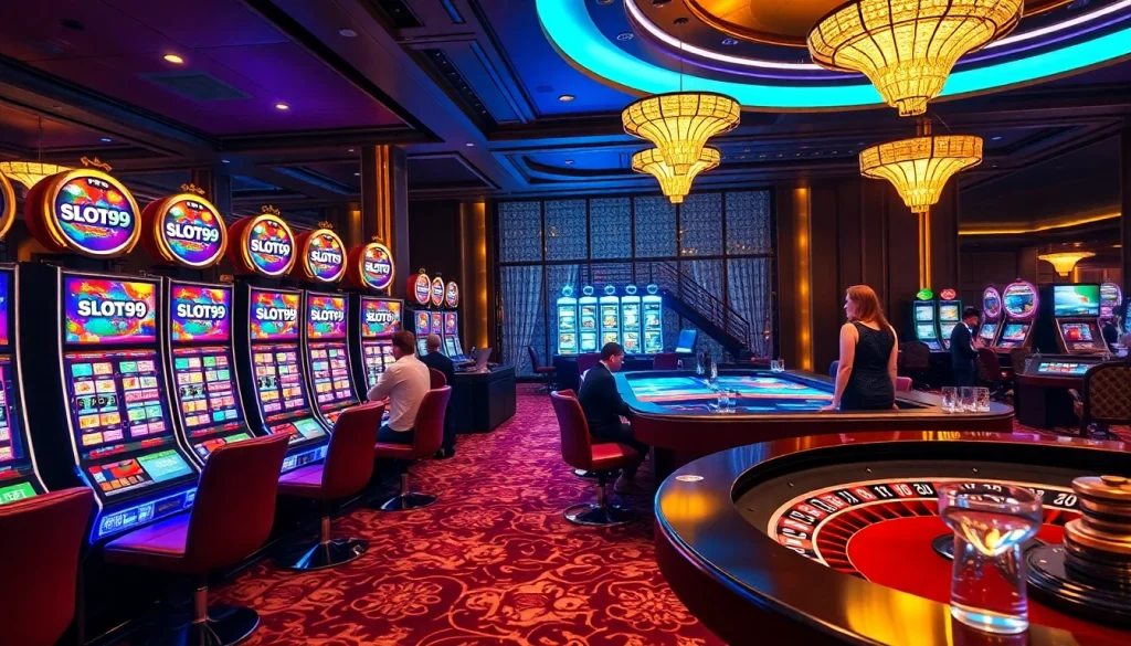 SLOT99 vibrant casino scene showcasing thrilling slot machines and an excited player experience.