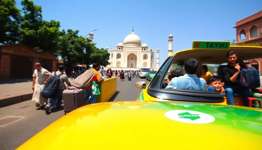 Agra Taxi service with a modern CabDunia taxi near the Taj Mahal, showcasing convenience and safety.
