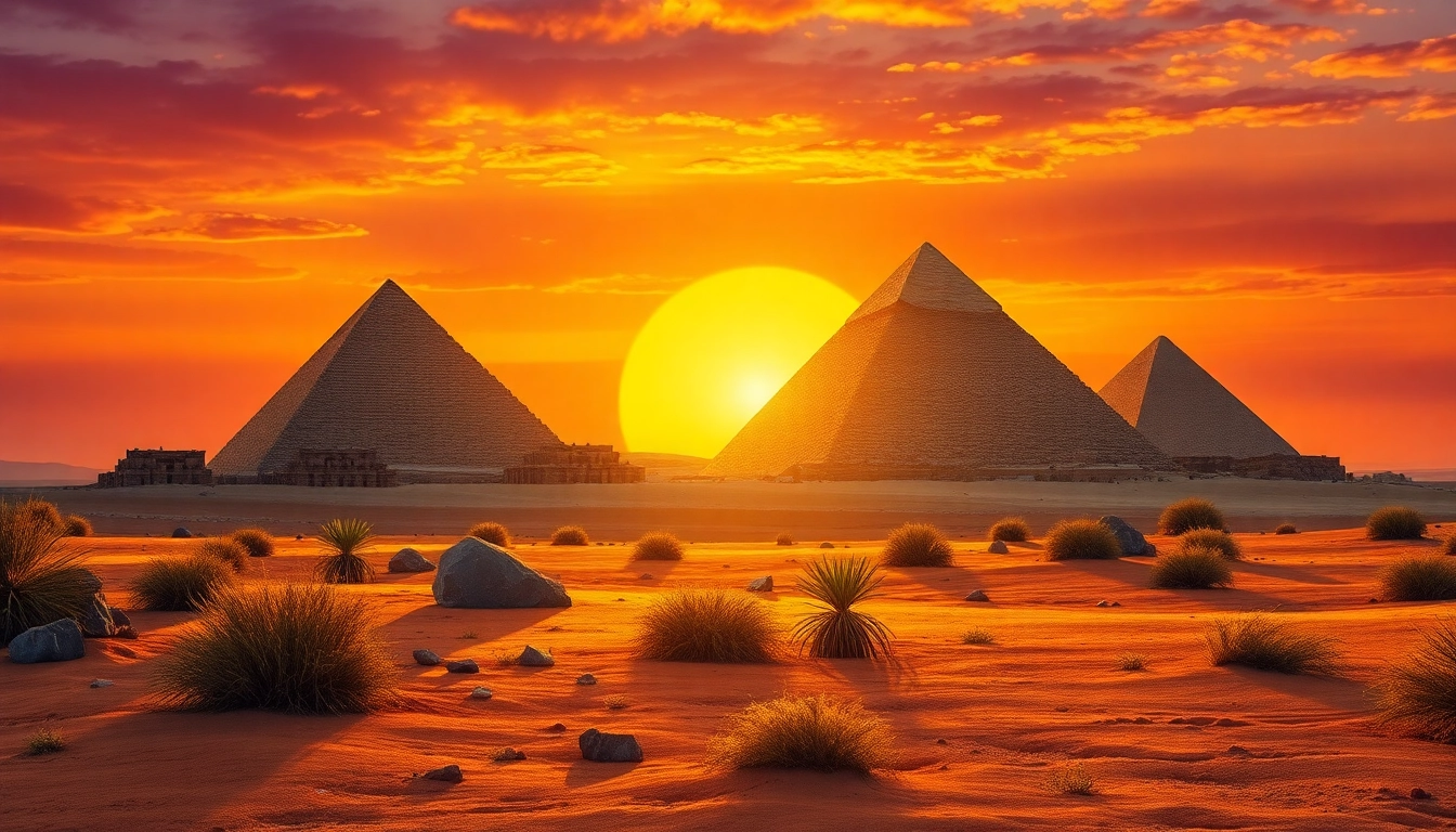 Stunning sunset over the ancient pyramids showcasing the majesty of piraminds in Egyptian history.