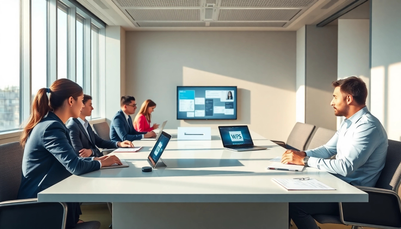 现代办公环境中，协作专业人员在工作中整合 WPS 技术。